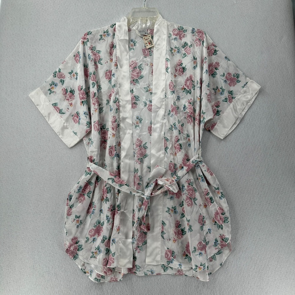 Vtg Kathryn Womens New Dead Stock Satin Floral Short Kimono‎ Robe LARGE